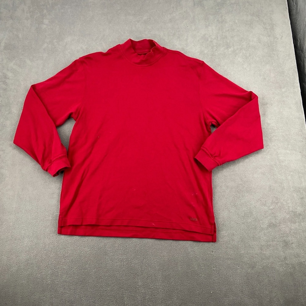 IZOD Heavyweight Shirt Mens Medium Red Cotton Knit Mock Turtleneck High Low Slit
